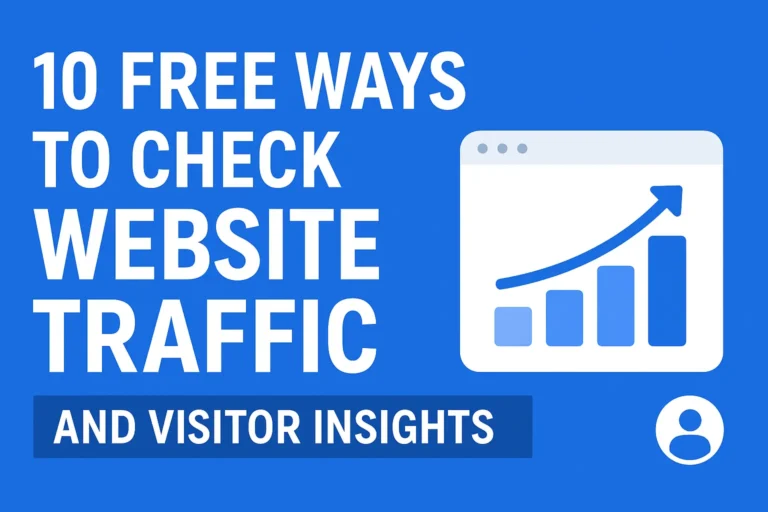 Horizontal thumbnail graphic with bold text '10 Free Ways to Check Website Traffic and Visitor Insights' on a clean modern background featuring website analytics icons, charts, and graphs.