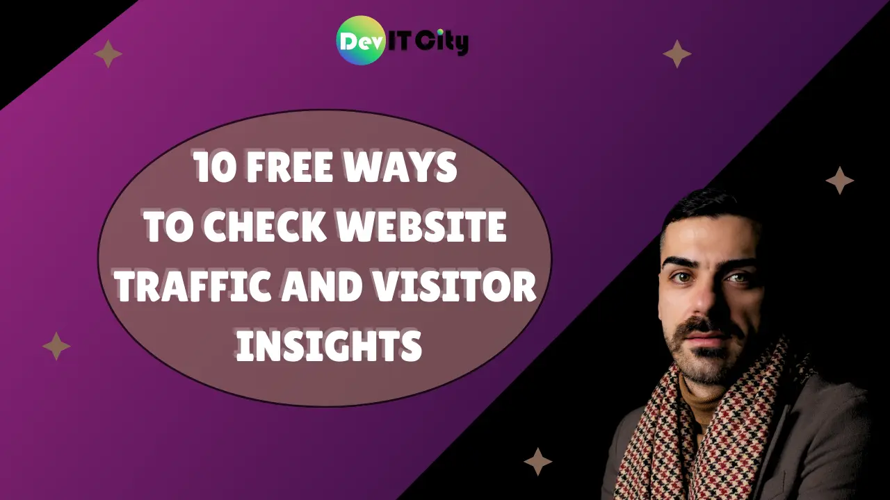 Horizontal thumbnail graphic with bold text '10 Free Ways to Check Website Traffic and Visitor Insights' on a clean modern background featuring website analytics icons, charts, and graphs.