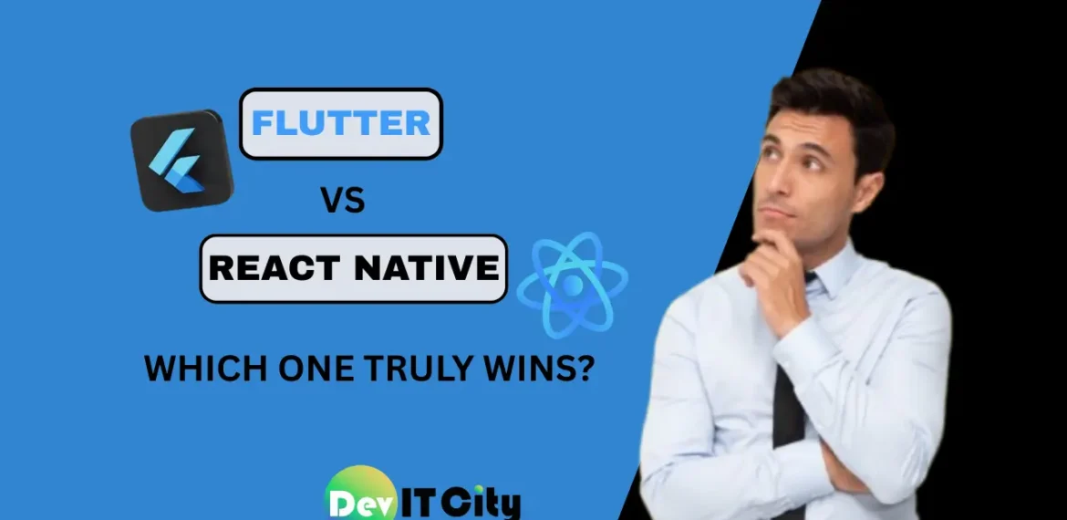 Flutter vs React Native 2025: Which One Truly Wins? 1 Flutter vs React Native 2025 comparison graphic showing Flutter logo on the left, React Native logo on the right, and bold VS text in the center on a blue split background.