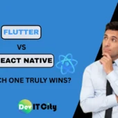 Flutter vs React Native 2025 comparison graphic showing Flutter logo on the left, React Native logo on the right, and bold VS text in the center on a blue split background.