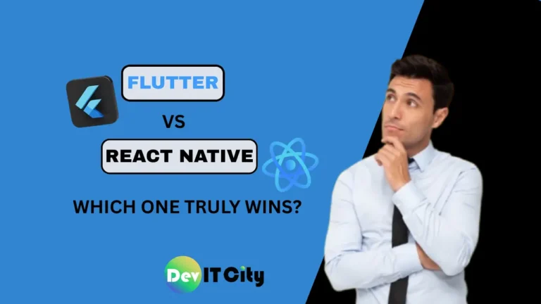 Flutter vs React Native 2025 comparison graphic showing Flutter logo on the left, React Native logo on the right, and bold VS text in the center on a blue split background.